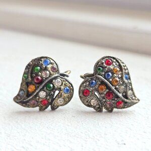 Vintage Little Nemo Multi colored Rhinestone Leaf Screw back earrings Art deco